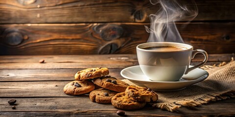 Wall Mural - A Steaming Cup of Coffee and a Pile of Chocolate Chip Cookies Rest on a Rustic Wooden Table