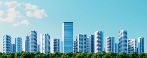 Poster - A panoramic view of a modern city skyline featuring a mix of high-rise buildings against a clear blue sky and lush greenery in the foreground.