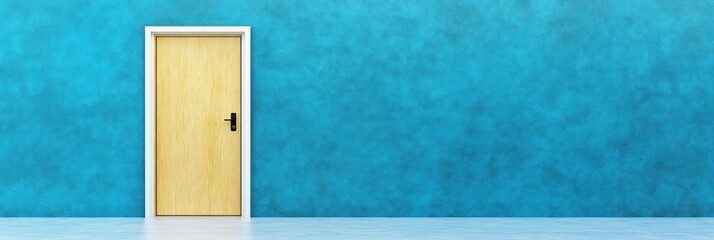 Poster - A simple wooden door against a textured turquoise wall in a minimalist setting.