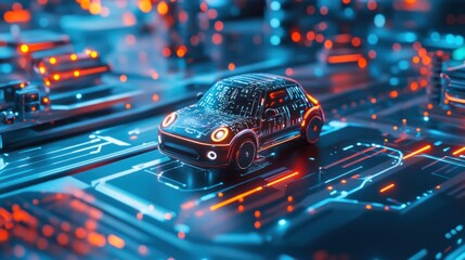 Poster - 3d illustration. Futuristic car on the background of the circuit board. - Generated AI