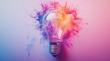 Poster - Glowing fluorescent light bulb with colorful splashes on a pink background - Generated AI