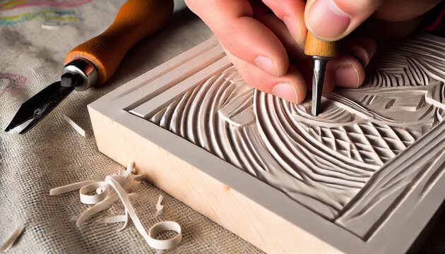 A close-up of a hand carving a detailed pattern into a block of linoleum for printmaking. Generative AI