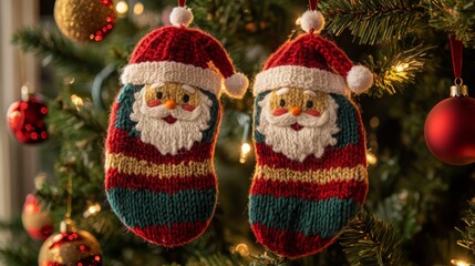 Aufkleber - Two charming knitted Santa stockings hang from a decorated Christmas tree, adorned with twinkling lights and vibrant ornaments, creating a warm holiday atmosphere in a cozy indoor setting.