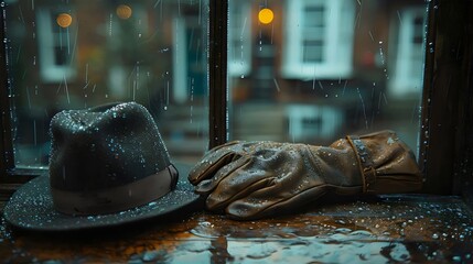 Wall Mural - A hat and a pair of gloves are sitting on a window sill