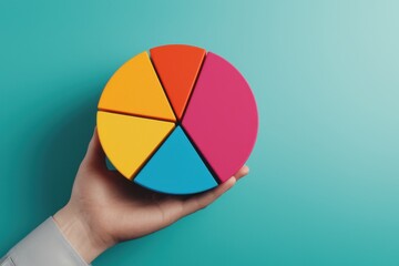 Poster - A hand holds a colorful pie chart against a teal background, symbolizing analysis, data representation, and business insights.