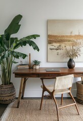Poster - A modern home office with a wooden desk, chair, and rug. A potted plant, a painting and a laptop are on the desk.