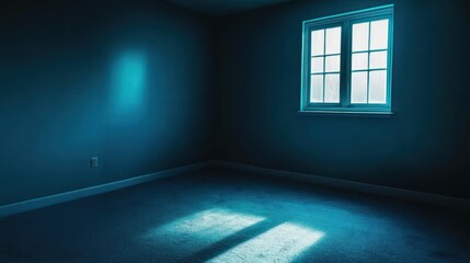 Poster - A dimly lit empty room with soft blue tones and sunlight filtering through the window.