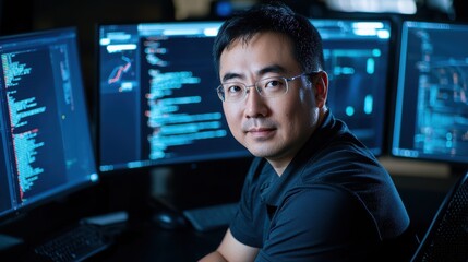 Poster - chinese cyber security expert analyzing data in high-tech office environment computer screens profes