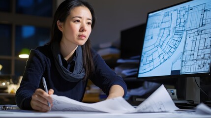 Aufkleber - architectural design review by chinese woman in office environment blueprint analysis focused viewpo