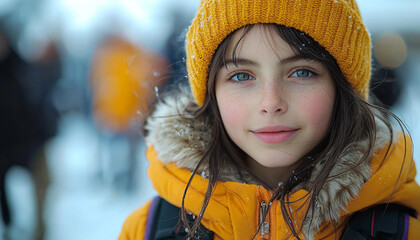 Wall Mural - Smiling child in winter snow, cheerful and cute generated by AI