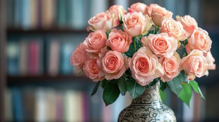 Wall Mural - Elegant Rose Bouquet in a Timeless Vase Set Against a Blurred Bookshelf Background