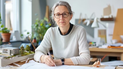 Poster - German woman designing ecofriendly building in office space architectural planning creative environment close-up view