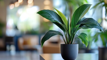 Wall Mural - Tropical houseplant with dark elongated leaves displayed on a table