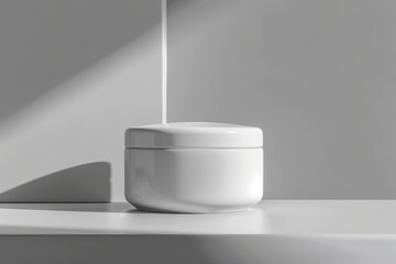 Poster - White jar with lid on a white surface with a white wall and shadow behind it.