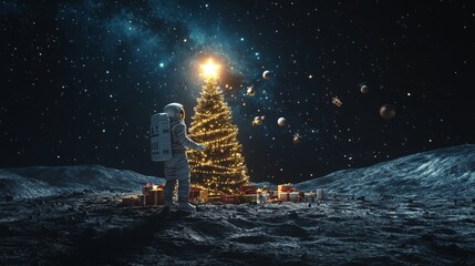 Poster - An astronaut in a white spacesuit stands on the surface of the moon, looking at a lit Christmas tree with gifts underneath. There are stars and planets in the background.