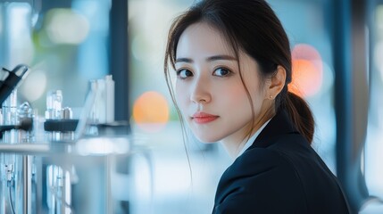 Poster - Japanese woman leading research project analyzing data in modern office environment with focused viewpoint