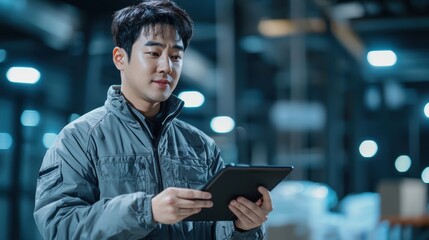 Poster - south korean man managing logistics company reviews operations in warehouse environment with tablet 