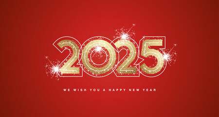 Wall Mural - We wish you Happy New Year 2025 modern golden trendy bold design numbers with line neon numbers over and glitter sparkle firework abstract golden white red greeting card