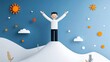 © Wilasini - Flat design of a person standing on top of a mountain with arms raised in triumph surrounded by confetti and bright colors symbolizing success happiness and a sense of accomplishment