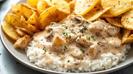 Wall Mural - Chicken stroganoff served with rice and crispy chips Area available for additional text