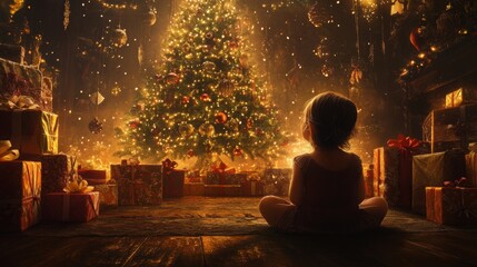 Aufkleber - A young child gazes in awe at a stunningly lit Christmas tree adorned with ornaments and surrounded by colorful presents, capturing the magic of the holiday season.