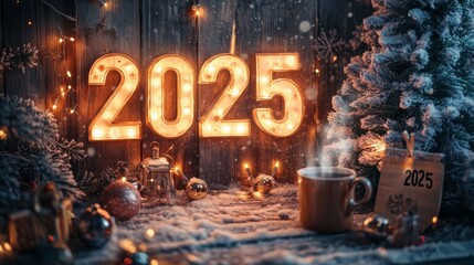 Aufkleber - A warm, inviting scene showcasing illuminated numbers reading 2025, surrounded by festive decorations, a coffee cup emitting steam, and a snow-covered backdrop, perfect for celebrating the new year.