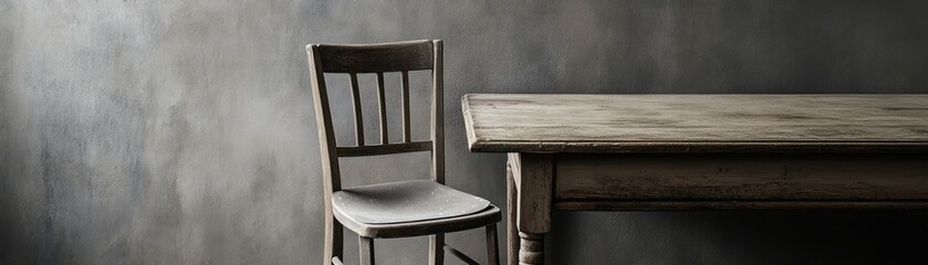 Poster - A rustic wooden table with a simple chair against a textured gray background.