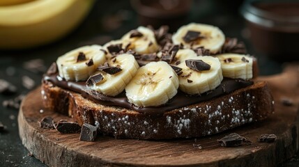 Canvas Print - Tasty open sandwich featuring chocolate and banana presented on a rustic wooden surface with a dark backdrop perfect for a breakfast setting