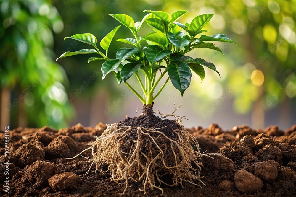 Coffee plant roots and rhizomes spreading through the soil in a large ...