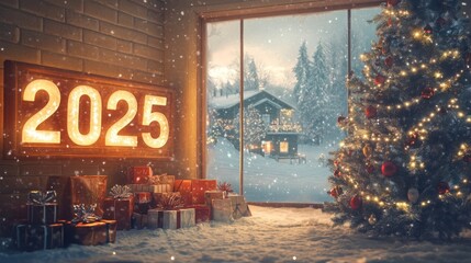 Aufkleber - A beautifully decorated Christmas tree stands next to piles of gifts in a cozy cabin. Outside, snow gently falls, and a warm glow emanates from a distant house, creating a festive atmosphere.