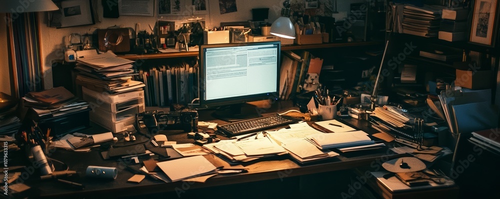 Nighttime desk scene in warm lighting, cluttered workspace with a ...