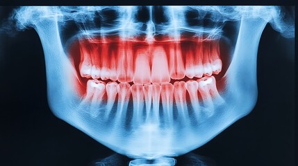 Close up dental X ray scan revealing detailed structure and potential issues with teeth gums and jawbone for dental care diagnosis and treatment