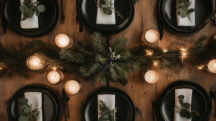Poster - A beautifully arranged winter dinner table showcases black plates and white napkins, surrounded by candles and fresh greenery. The elegant decor creates a warm, inviting atmosphere for guests.