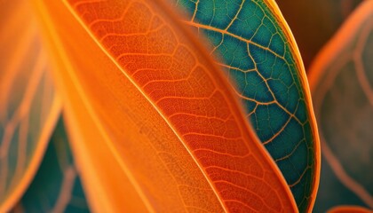 An abstract macro image of leaf patterns with a flowing design, featuring a striking combination of orange and teal colors. The close-up perspective emphasizes the intricate details and textures of th