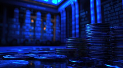 Poster - stacks of coins on stock market data background