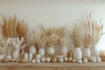 Poster - A row of white vases with dried flowers and pampas grass arranged on a wooden shelf.