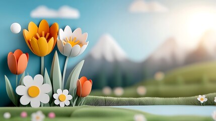 Wall Mural - vibrant spring floral landscape with blooming tulips daisies and other flowers in a grassy field wit
