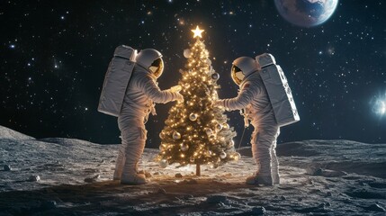 Poster - Two astronauts in spacesuits place ornaments on a Christmas tree on the moon. The lunar landscape glimmers under a starry sky, creating a surreal holiday atmosphere in space.