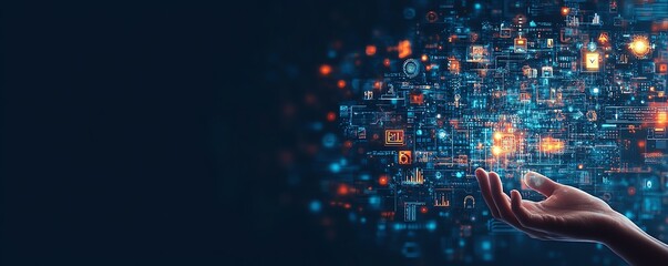 Poster - Hand engaging with a digital screen displaying technology icons, glowing on a dark blue background, emphasizing digital connectivity and futuristic technology