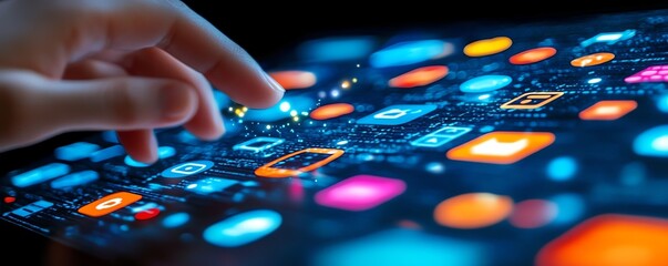 Poster - Hand engaging with a digital screen displaying technology icons, glowing on a dark blue background, emphasizing digital connectivity and futuristic technology