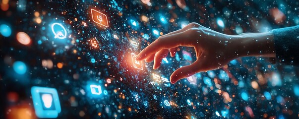 Poster - Hand engaging with a digital screen displaying technology icons, glowing on a dark blue background, emphasizing digital connectivity and futuristic technology