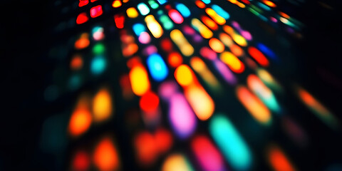 Wall Mural - Colorful Stained Glass Light Reflection - Vibrant Abstract Bokeh Effect on black background.