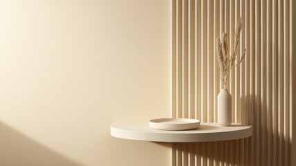 Aufkleber - Minimalist Wall-Mounted Storage Solution Featuring Smooth Shelves and Hidden Decorative Elements by Curtains in Soft Neutral Tones for Modern Interiors