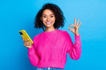 Poster - Photo of nice young girl hold smart phone show okay symbol wear pink sweater isolated on blue color background