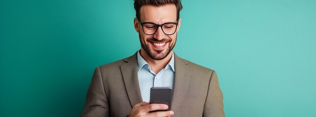 Wall Mural - Young happy professional American business man wearing suit holding cellphone and using mobile apps on smartphone, isolated on light mint background.