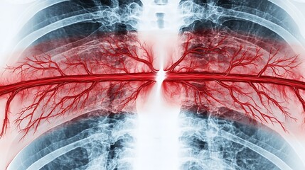 Detailed X Ray Scan Visualization of the Human Respiratory and Circulatory Systems  Transparent medical imaging showcasing the internal structures and anatomy of the lungs blood vessels and heart