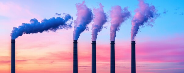 Wall Mural - Economic Growth and Climate Change concept. A vibrant skyline showcases industrial smoke stacks emitting clouds against a colorful sunset backdrop.