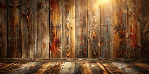 Wall Mural - Rustic Wooden Wall and Floor Background with Warm Lighting and a Touch of Vintage Charm