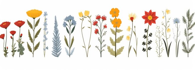 Aufkleber - A Row of Stylized Wildflowers and Foliage