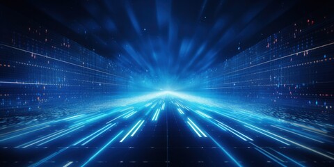 Poster - Abstract digital landscape with glowing blue lines and light bursts